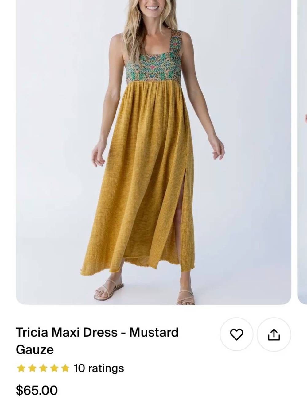NATURAL LIFE Mustard Maxi Dress with Green Embroidered Bodice